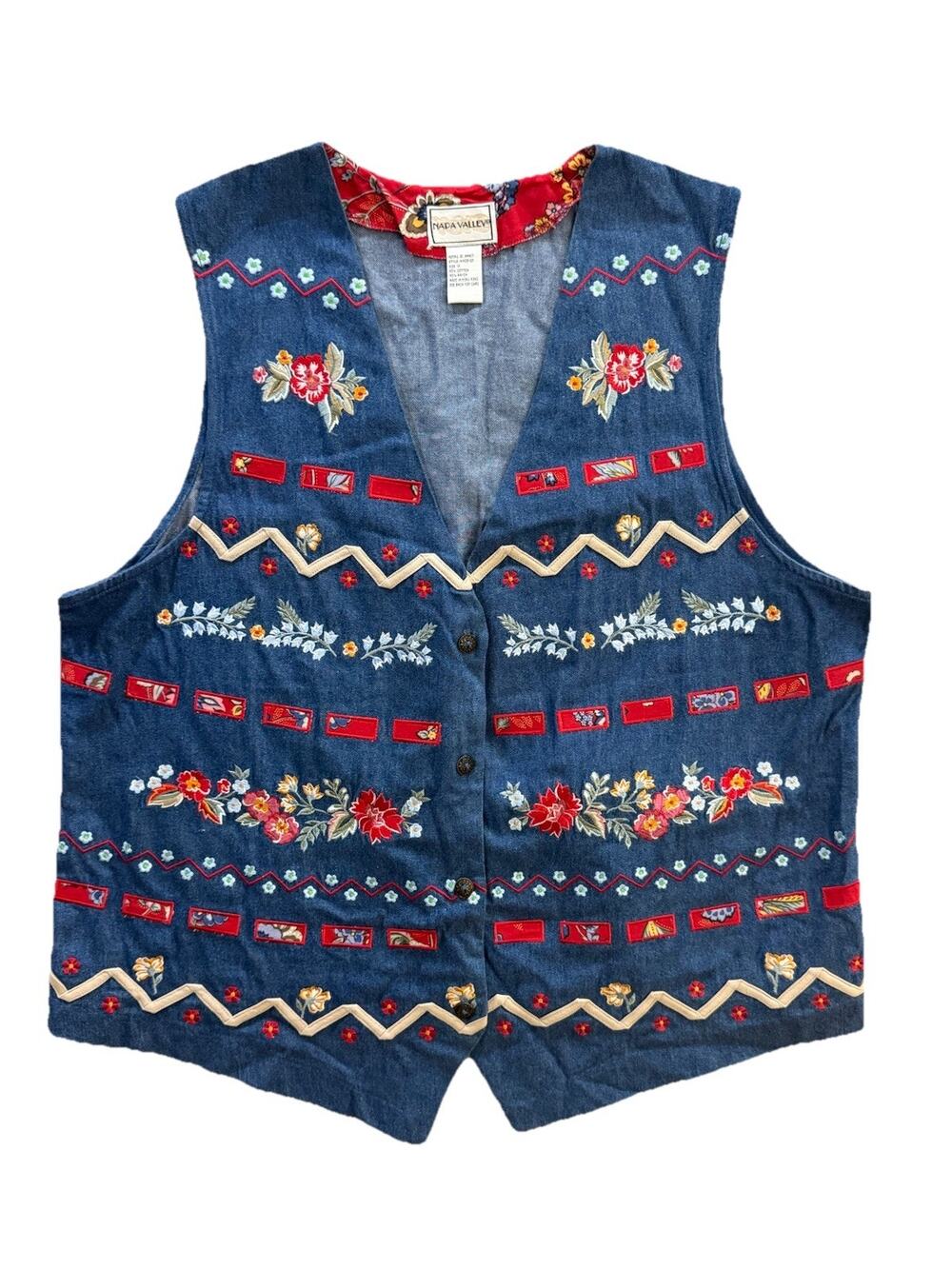Denim Embroidered Applique Red Floral Vest 1X Napa Valley Cottage Country Vtg